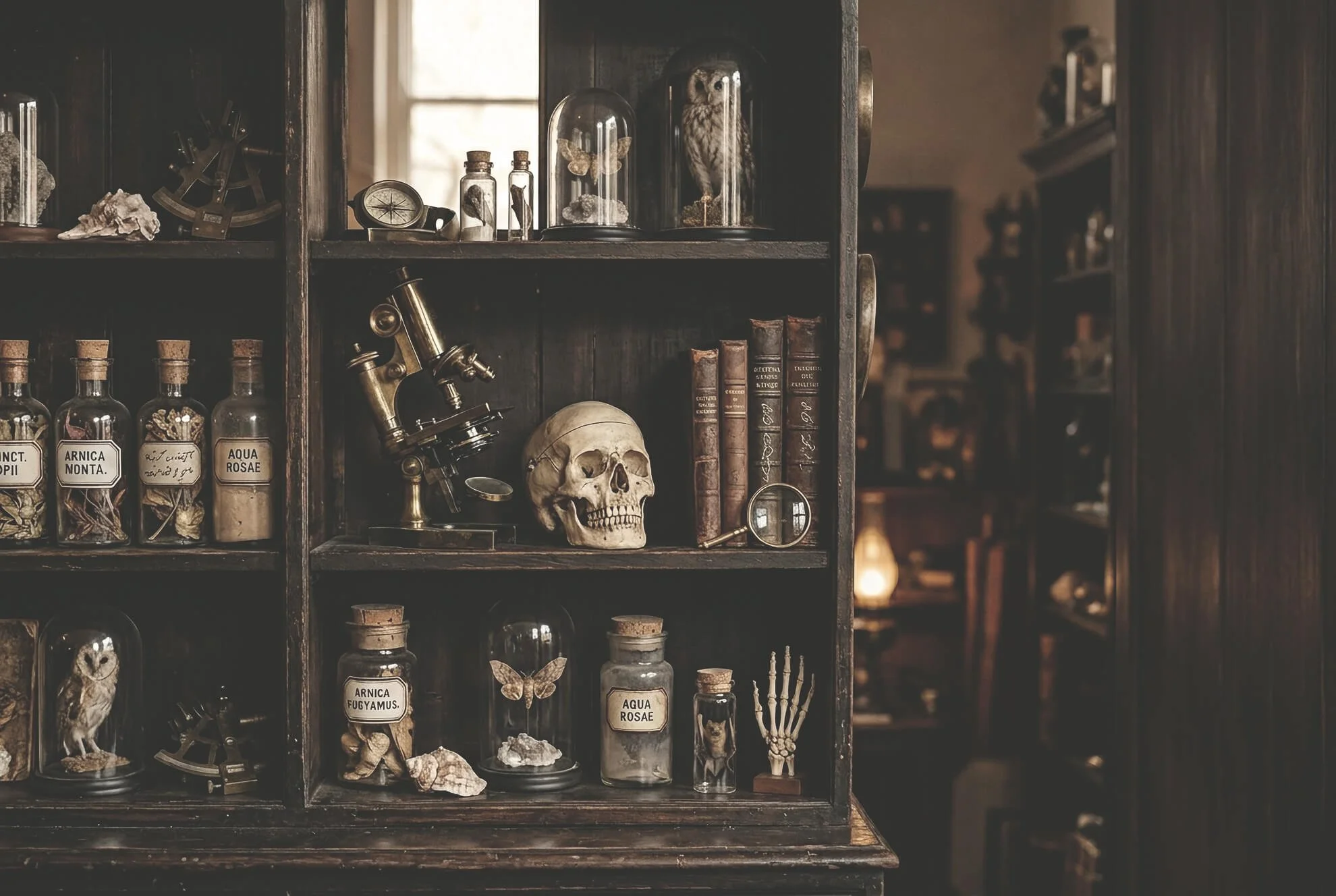 Vintage curiosities and science display with microscope, skeleton skull and apothecary jars in Vancouver antique shop