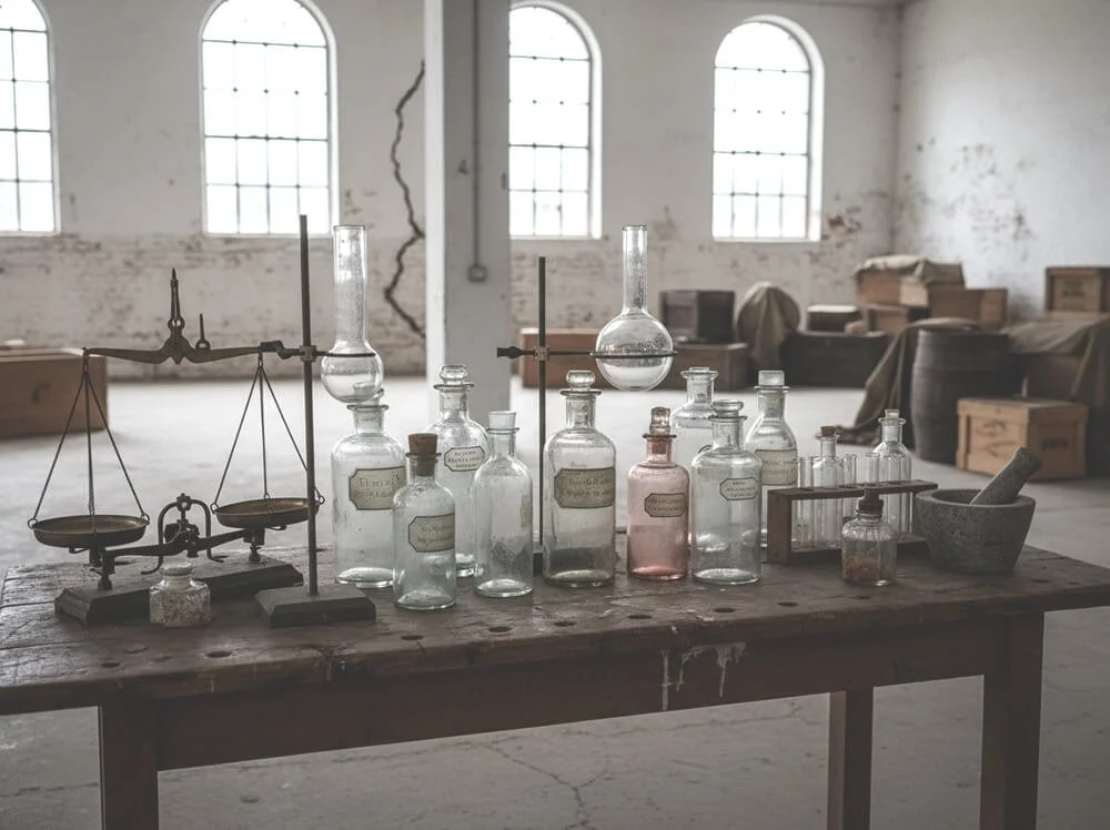 Vintage apothecary decor including glass medicine bottles and antique laboratory equipment on a wooden workbench.
