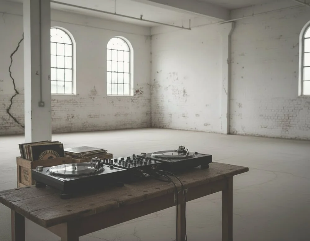 Vintage direct-drive turntables and vinyl records on a rustic wooden table in a minimalist studio setting.