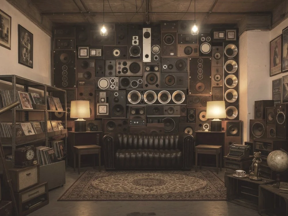 Vintage speakers and audio equipment wall in industrial space, Space Lab Vancouver antique store