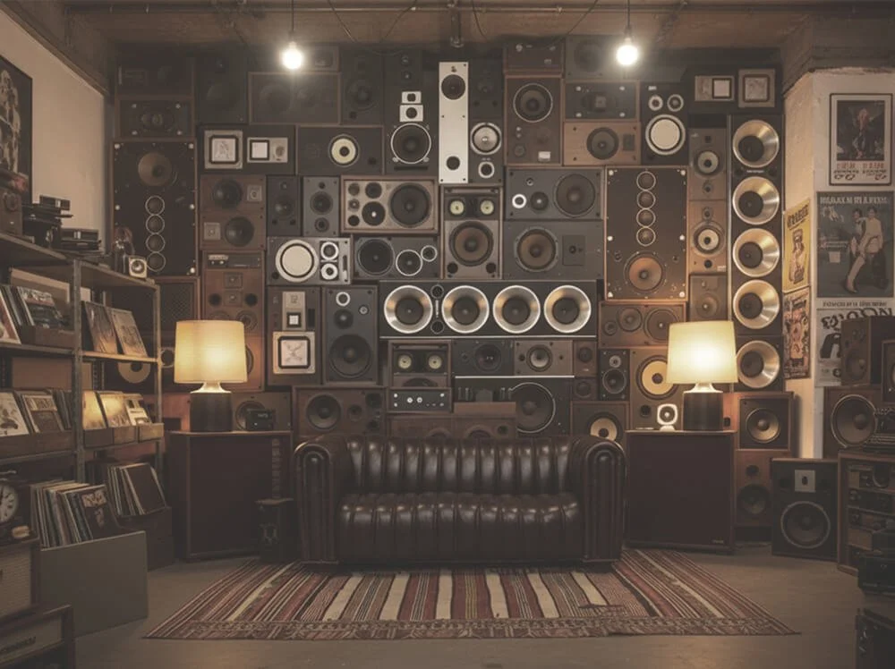 Our signature custom-built vintage speaker wall and Hi-Fi listening area at Space Lab’s Vancouver showroom.