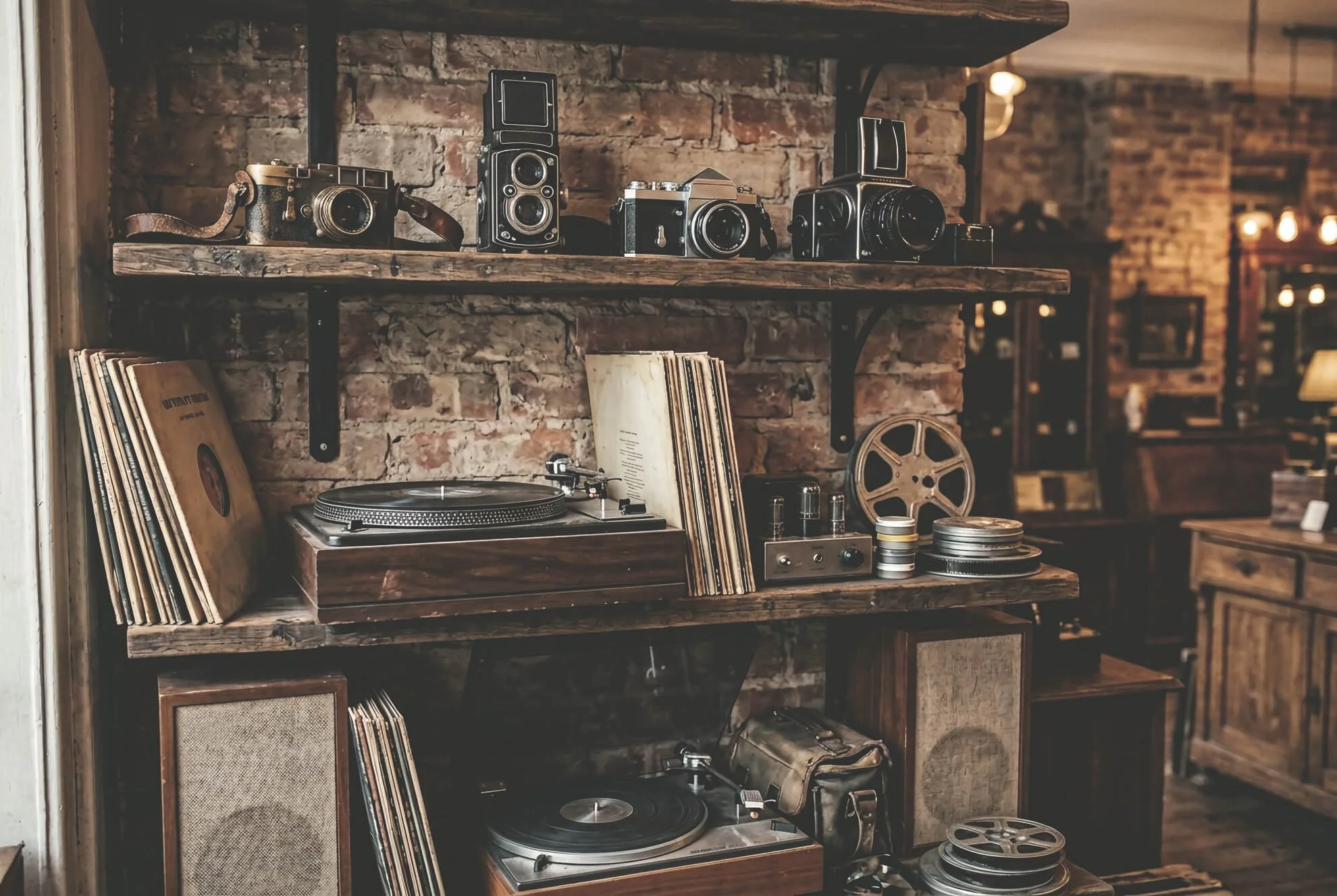 Vintage sound system and media equipment display with turntables, speakers and film cameras in Vancouver