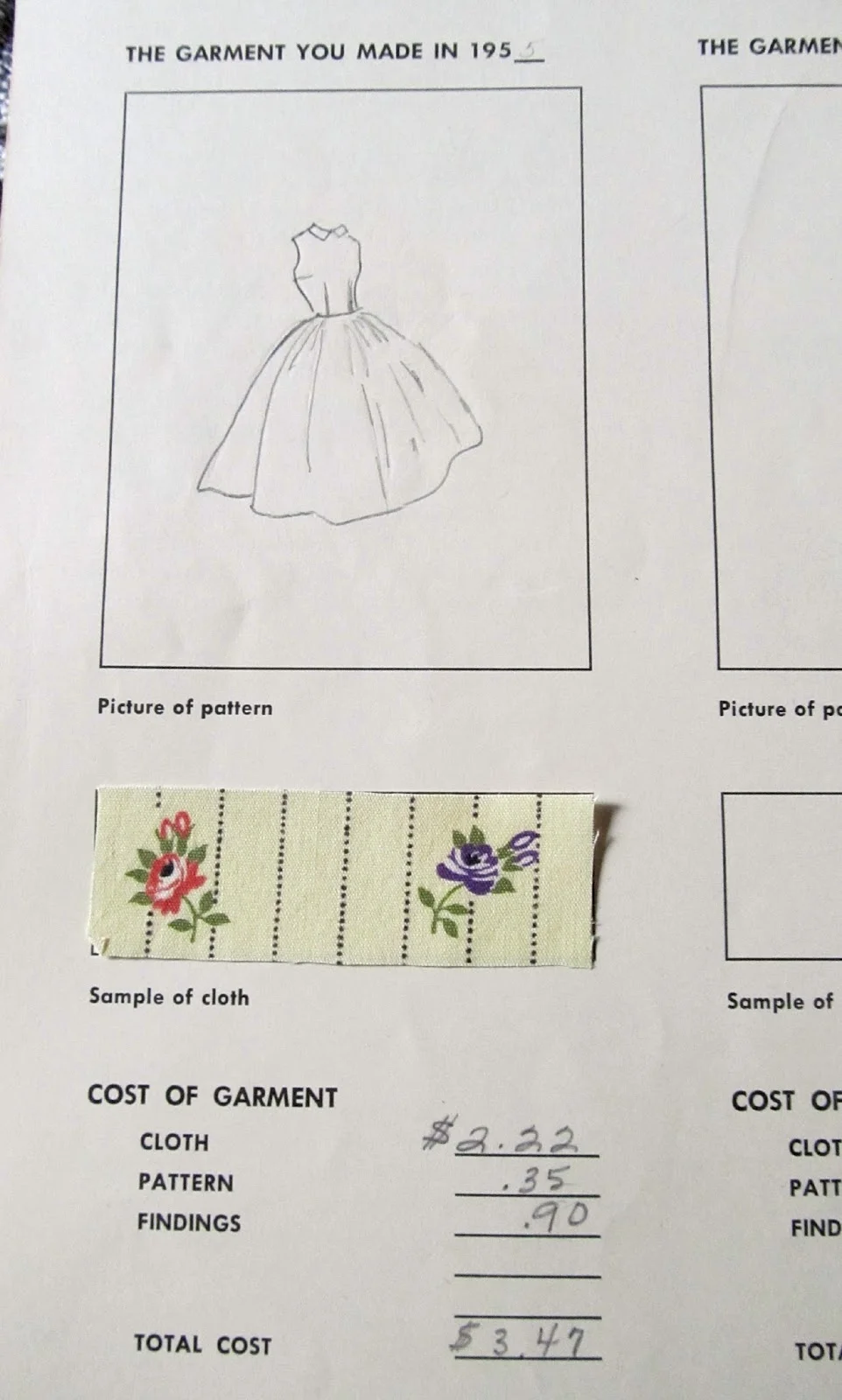 This is a page from my 1955 4-H project book. This is why we sewed back then; it was cheaper than buying ready made clothes as well as they fit better. Even though it only cost me $3.47 to make that dress, my babysitting pay was 50 cents an hour so that took me 7 hours of work to earn the money. There was a page to list how many extra garments we had made that year and I made 15 extra ones. I had only learned to sew one year earlier. I spent most of my babysitting money on fabric.
