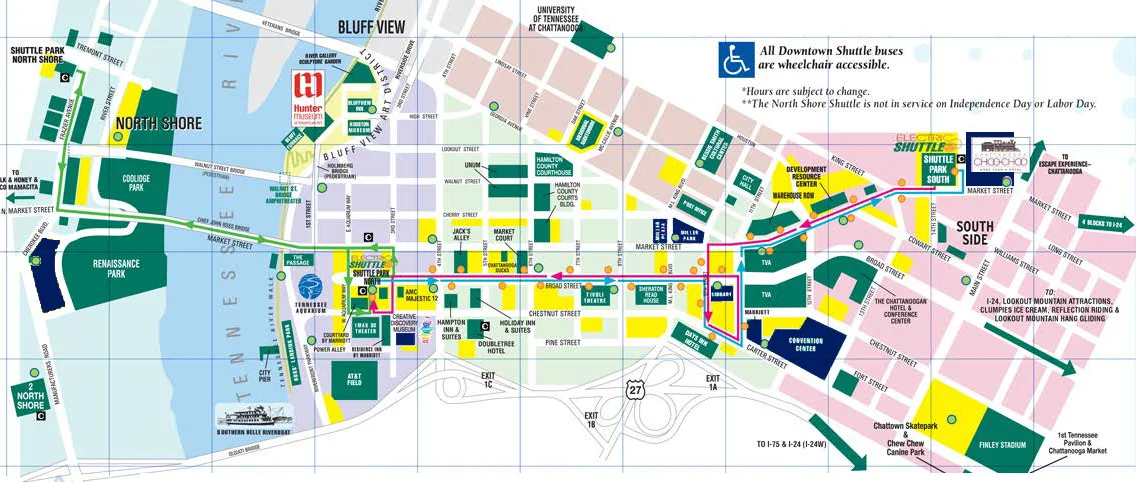 Images in dark blue indicate areas of importance to NOMCON attendees. These include the conference center, Friday and Saturday night activity sites and pre-conference tour locations. Please check back for more details. Click here to download our detailed shuttle guide to Chattanooga.