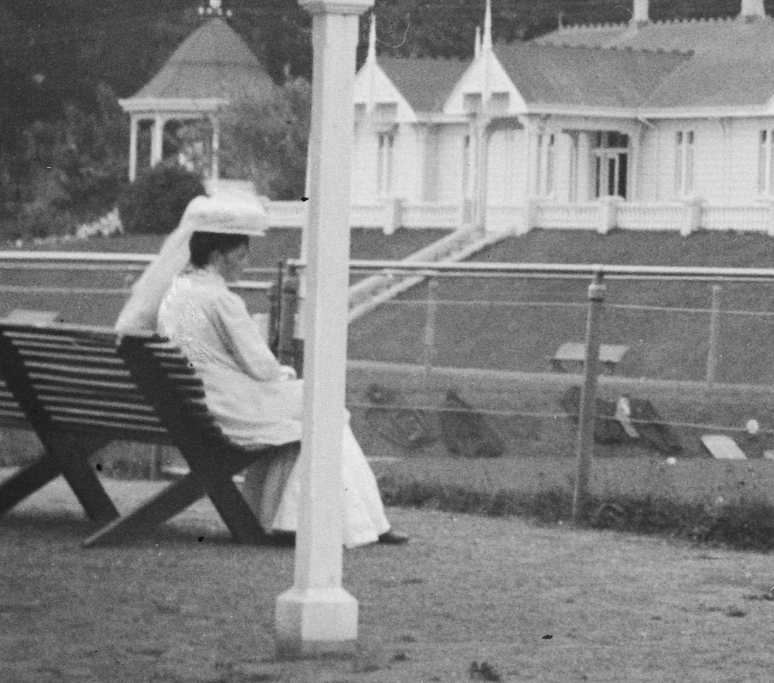 I suspect this photograph is of Minnie Campbell née Chamberlain, Te Aroha 1907-1911. Lemuel Lyes Collection.