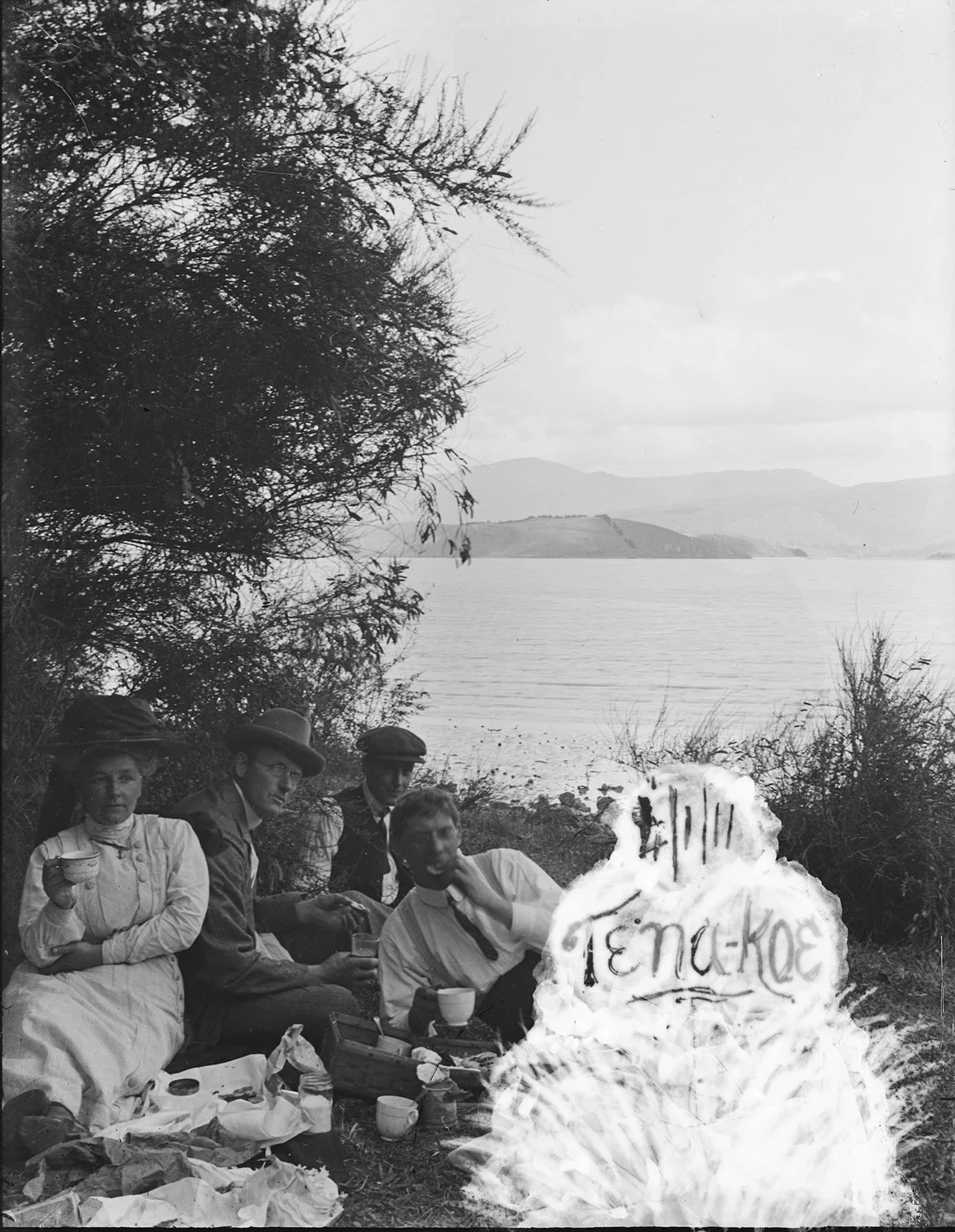Picnic by the water, 4th January 1911. Suspect this is Lyttelton Harbour from Governor’s Bay, South Island, New Zealand. Lemuel Lyes Collection.