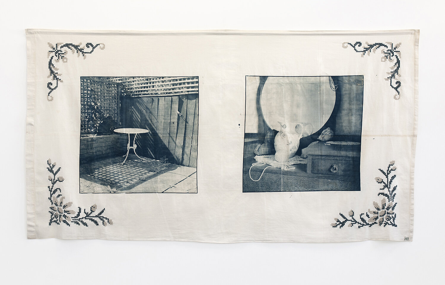  Caroline McQuarrie,  Reasons For Silence (i) , from the series  Reasons For Silence , cyanotype and wool embroidery on vintage cotton bed sheet, 2010. Courtesy the artist. 