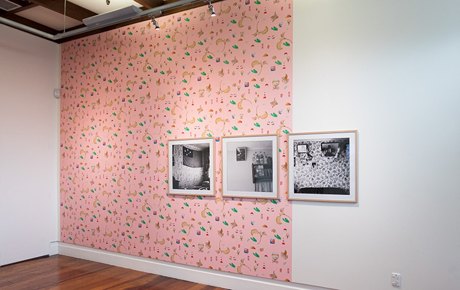  Louisa Afoa,  The Kitchen , digital photograph, 2011;  Ruebens Room , digital photograph, 2011; and  Orion , digitally printed wallpaper, 2017. Exhibited at Corban Estate. Photograph: Artsdiary. Courtesy of the artist. 