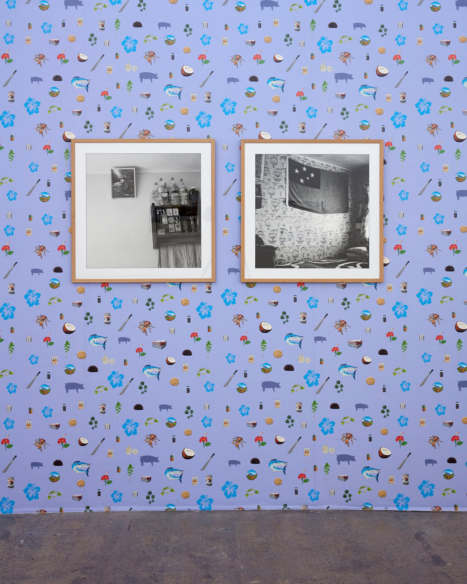  Louisa Afoa,  The Kitchen , digital photograph, 2011;  Ruebens Room , digital photograph, 2011; and  Untitled , ‘ Kai as Koha ’, digitally printed wallpaper, 2019. Exhibited at Artspace. Photograph: Sam Hartnett. Courtesy of the artist.   