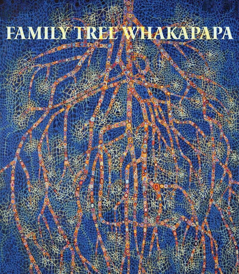   Family Tree Whakapapa  publication. Front cover: Sarah Slavick.  Elegy to the Underground  (excerpt), 2020. Oil on canvas, 56 x 44 inches. 