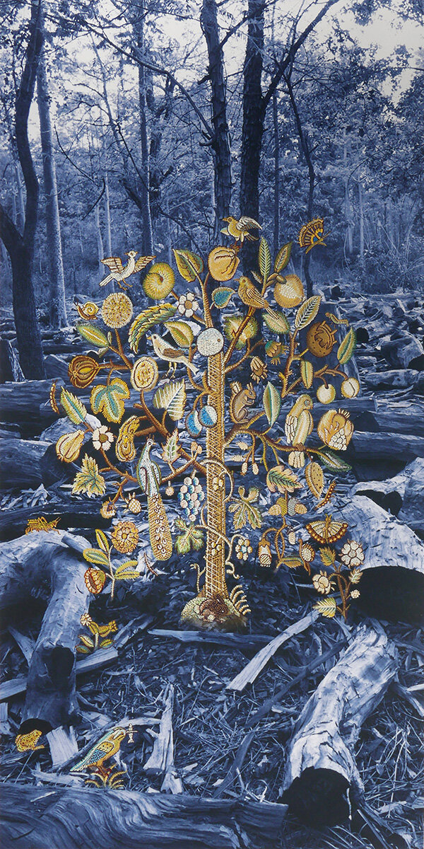  Susanne Slavick,  Tree of Life: Nepal , 2020, Gouache on archival inkjet print on Hahnemühle paper, 55.75 x 28 inches  Sources: Simon de Trey White, World Wildlife Fund UK, Nepal firewood. Tree of Life design from English embroidered canvas, first h