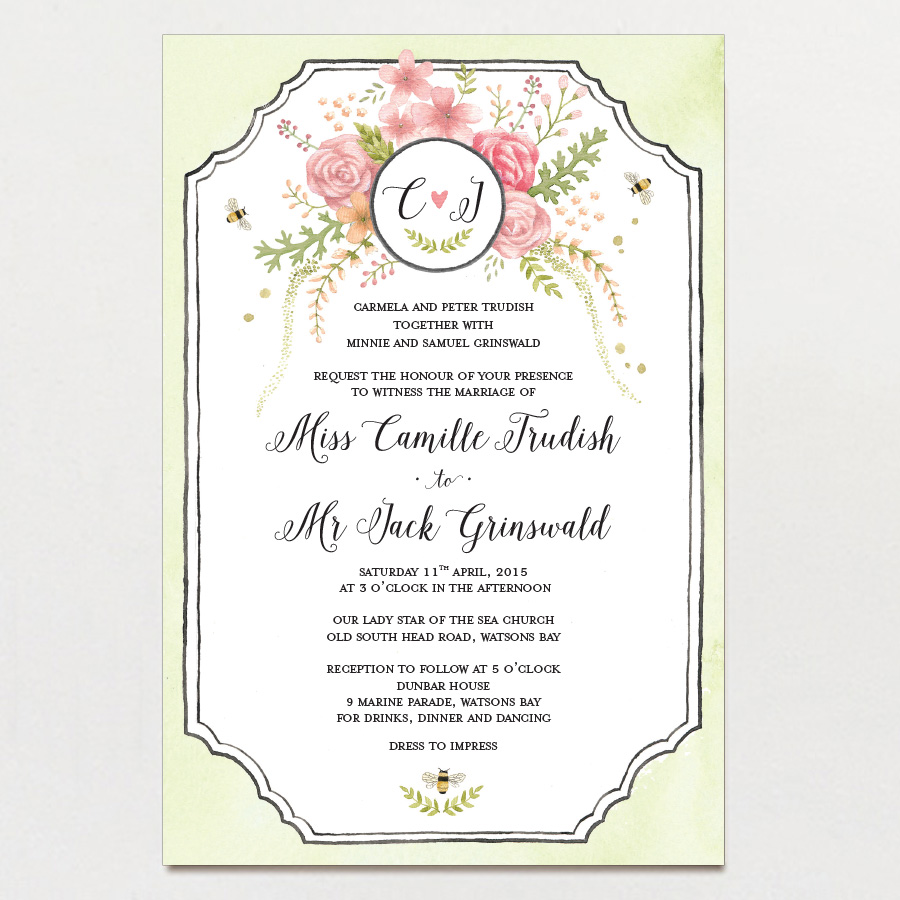 floral bee watercolour wedding invitation