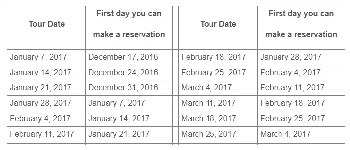 Reservations are recommended for the tours. This table shows when you can reserve a specific tour (NPS)