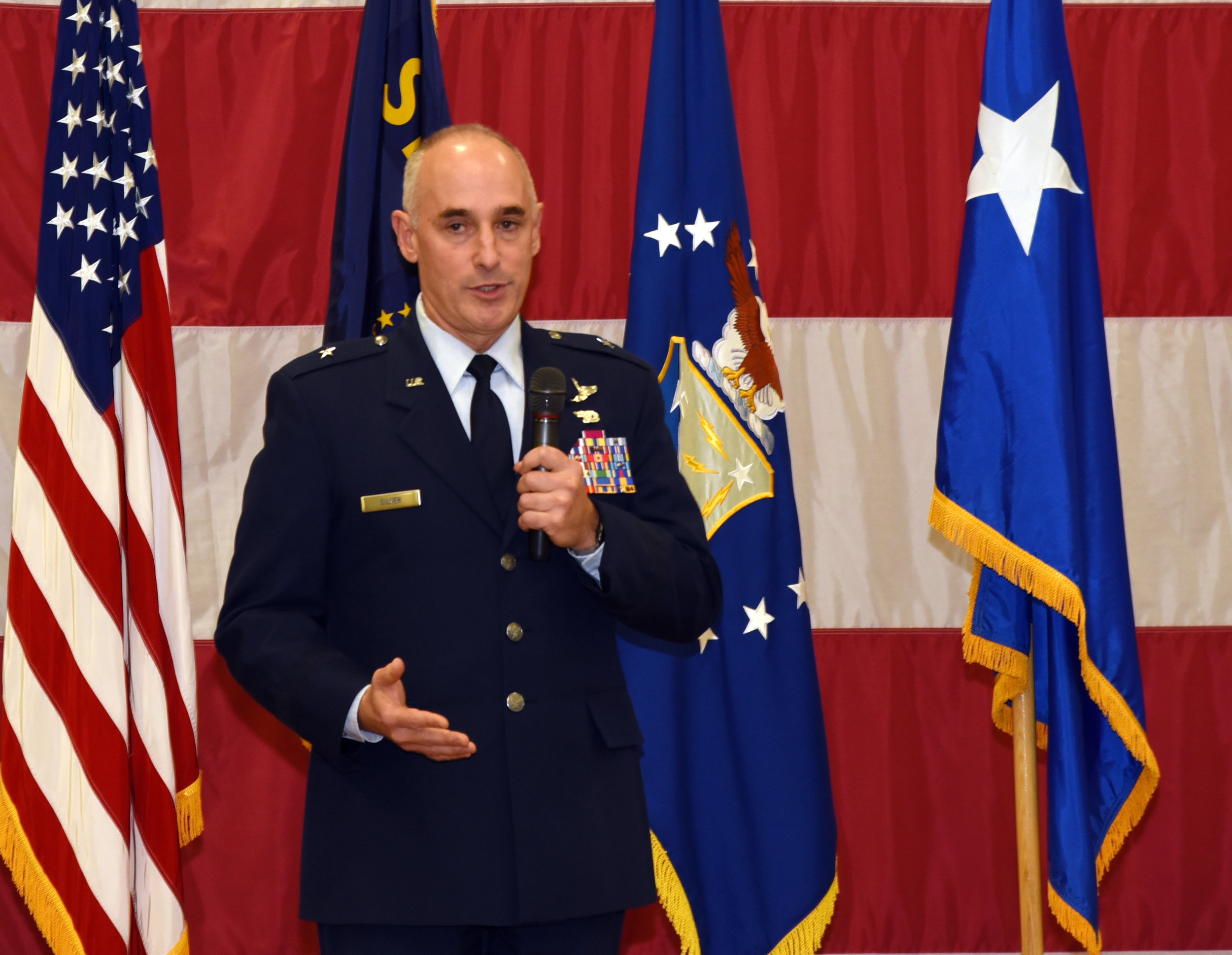  Brig. Gen. Jeffrey M. Silver, outgoing commander, Oregon Air National Guard, gives his parting remarks during a change of command ceremony at the Anderson Readiness Center in Salem, Oregon, Jan. 6, 2018. (U.S. Air National Guard photo by Tech. Sgt. 