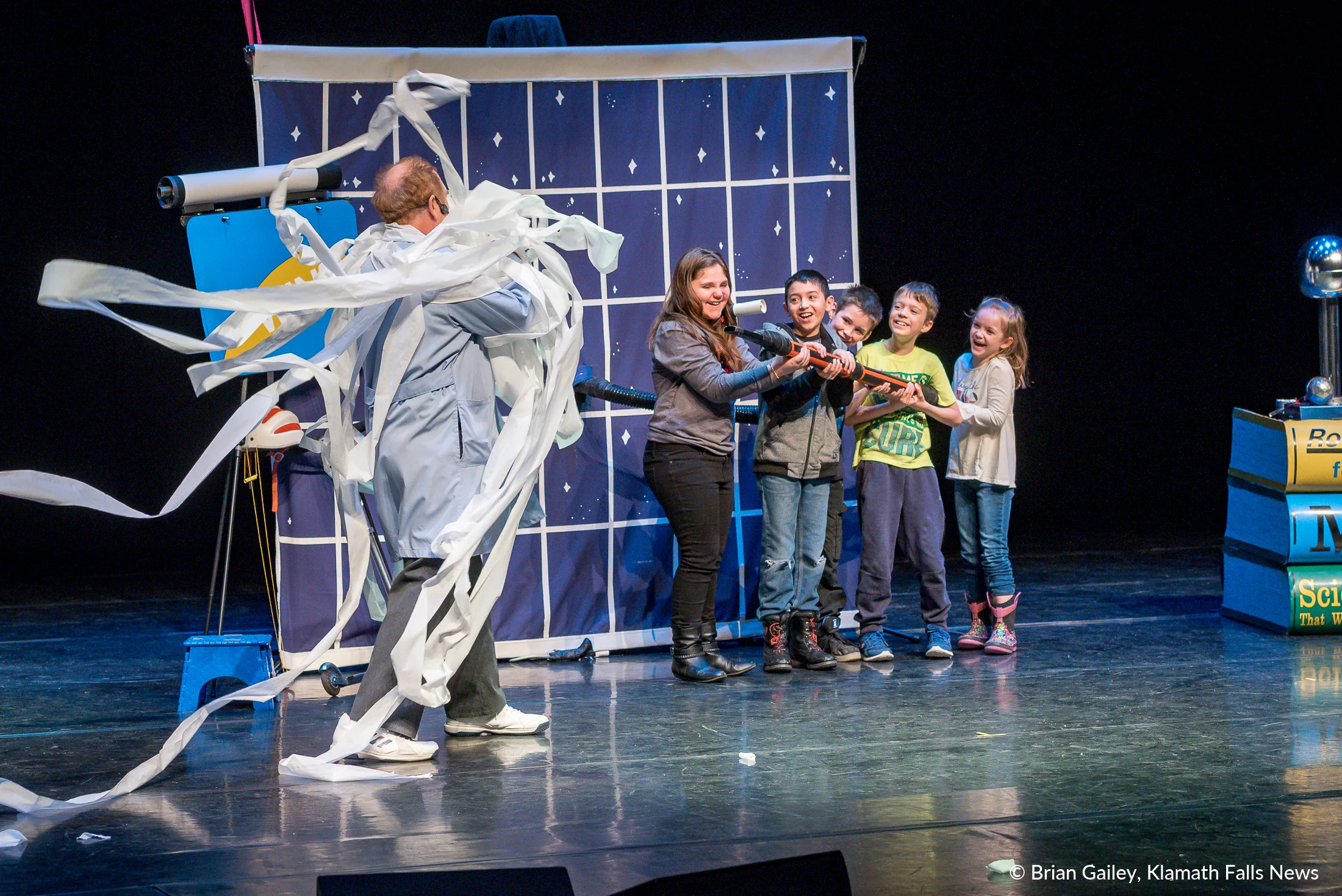 Professor Smart and the Let's Go Science Show entertains Klamath Falls Students on stage at the Ross Ragland Theater (Brian Gailey).