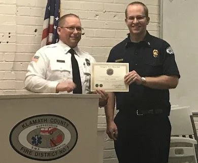 Deputy State Fire Marshal, Craig Rice (Left) presented KCFD1’s Fire Marshal, Craig Andresen (Right) with the State’s highest level of recognition as Fire Marshal at KCFD1’s Board of Director meeting on Tuesday, January 16.