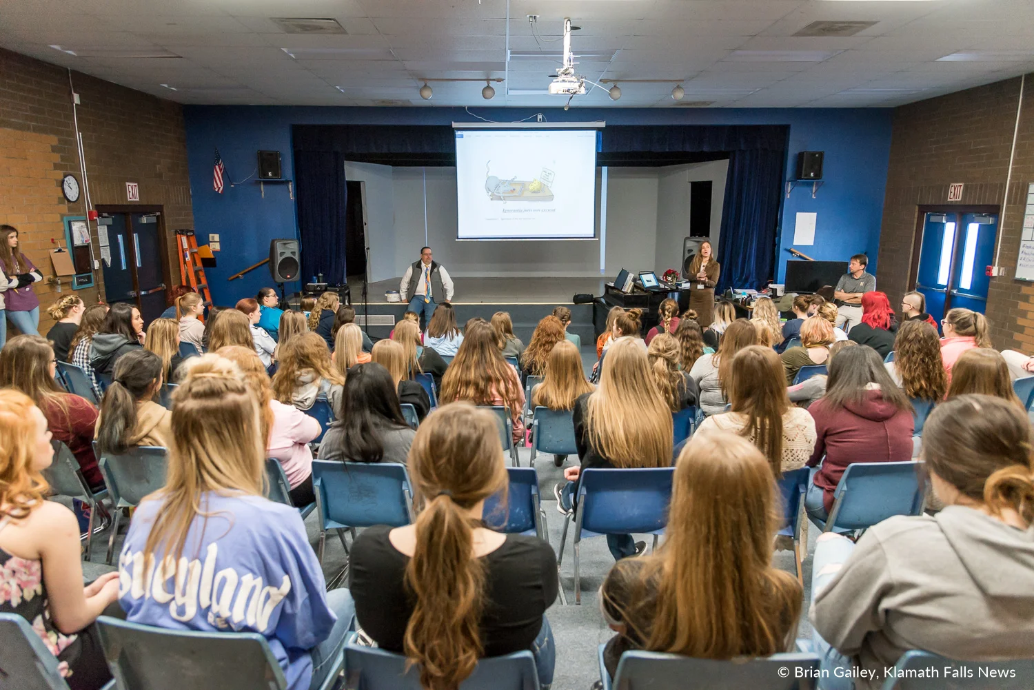 Klamath County District Attorney, Eve Costello addresses small groups about dangers of bullying, texting and driving, alcohol, drugs, and sexting. March 14, 2018. (Brian Gailey)