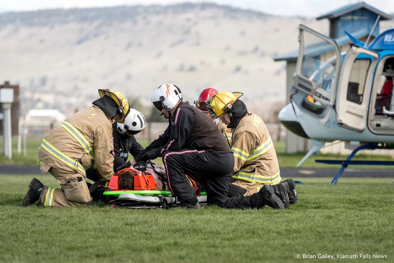 Operation Prom Night, a staged DUII car crash to teach teens the reality of drinking and driving. First responders from KCFD1, and Air Link are seen participating in the simulation April 19, 2018 (Brian Gailey)