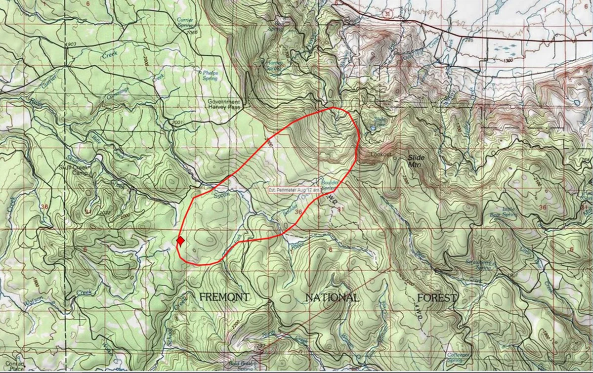 Approximate size of the Watson Creek Fire in Lake County, Oregon. The fire has grown to 8,500 acres and is 15 miles west of Paisley. (SCOFMP) CLICK FOR LARGER