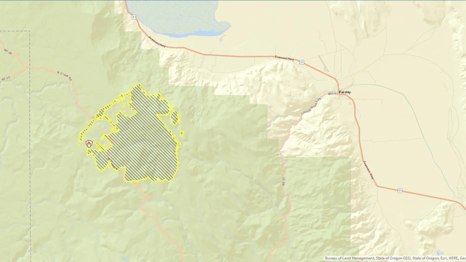 Watson Fire Location Map - 15 Miles west of Paisley, Oregon. CLICK FOR LARGER