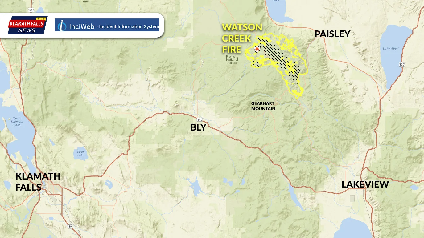 Area map of the Watson Creek Fire. 58,092 Acres with 80% containment located 6 miiles west of Paisley Oregon.