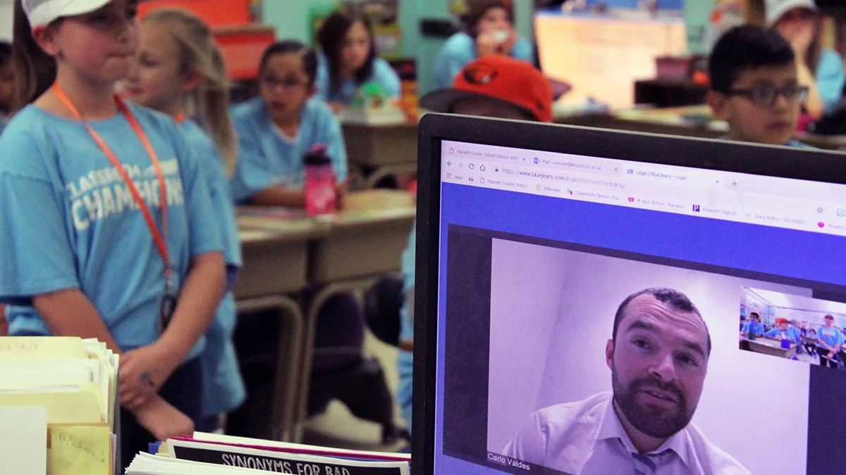 Brooklyn Bean asks a question of Olympic bobsledder Carlo Valdes, the Classroom Champion for Dena Morosin’s fourth-grade class at Shasta Elementary School. Valdes talked to students via live chat last week.