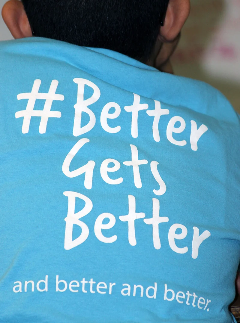 Shasta Elementary School fourth-grader Omar Ruelas wears his Classroom Champions T-shirt with the motto # Better Gets Better during a live chat with Olympic bobsledder Carlo Valdes.
