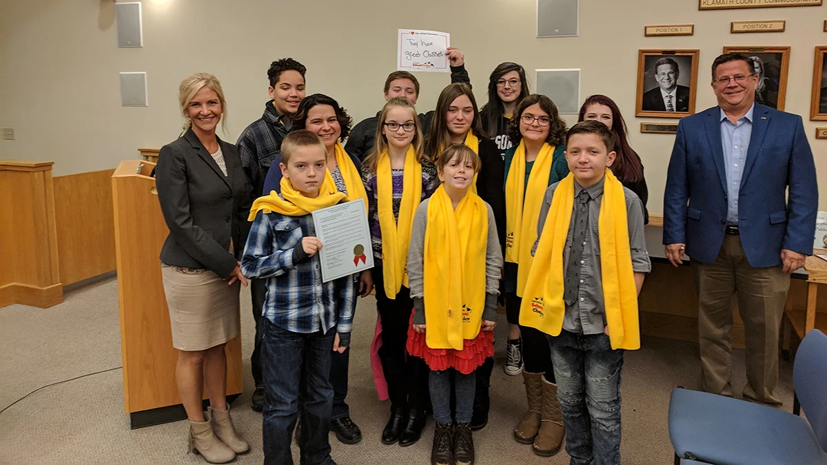 Klamath County School Choice Proclamation on January 22,2019. Back Row: SCS student Christopher Lo, EHS students Joshua Connolly, Zoe Deal-Borges. Middle Row: Commissioner Kelly Minty Morris, SCS Director Anna Fowler, SCS students Summer Buckingham, Lilli Kopte, Sydney Fowler, EHS student Madison Clark, Commissioner Donnie Boyd. Front Row: SCS students Dominic Kopte, Kaitlynn Milano, Jesse Knight. (Submitted photo)