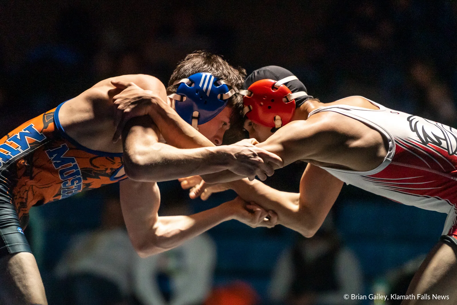 Isaiah Franco (Klamath Union) locks up with Asa Marwick (Hidden Valley) in the 126 weight class. Franco wins the match 9-0 over Marwick. Becoming District Champion of the weight class and punching his ticket to state, February 22-23 in Portland. February 9, 2019 (Image by, Brian Gailey / Klamath Falls News)