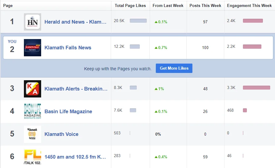 Business Pages on Facebook track all sorts of analytics. One feature is “Pages to Watch” where it can compare a page to other pages of similar interest. The comparative results are from the previous seven days. Shown here, are analytics for Feb. 11-17, 2019. Thanks to our friends like you, this one man operation is keeping pace with the big dog that has dozens of talented employees, resources, and money.