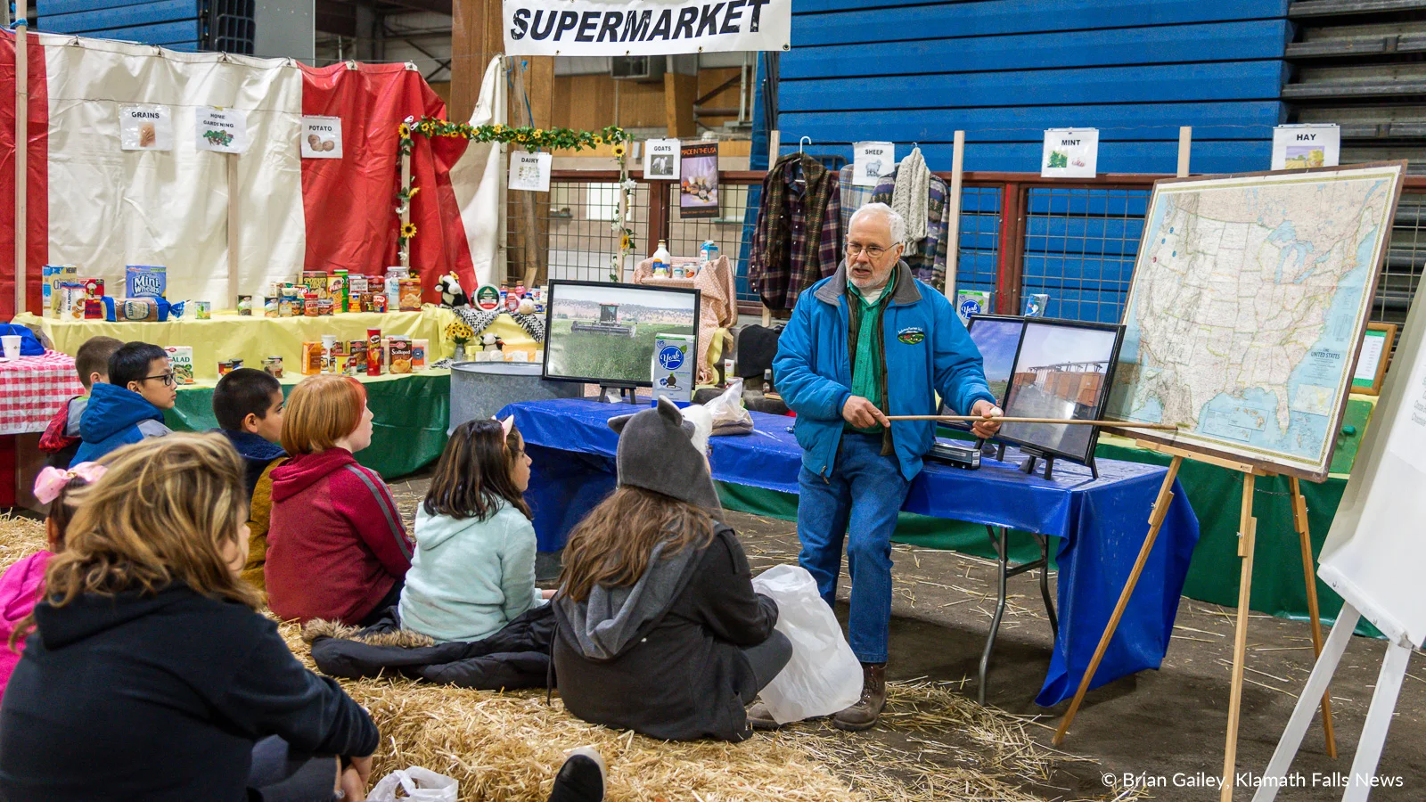 Students learn about where the ingredients come from to make a York Peppermint Patty, including the mint extract harvested from mint leaves grown near Tulelake. February 21, 2019. Image by Brian Gailey/Klamath Falls News.
