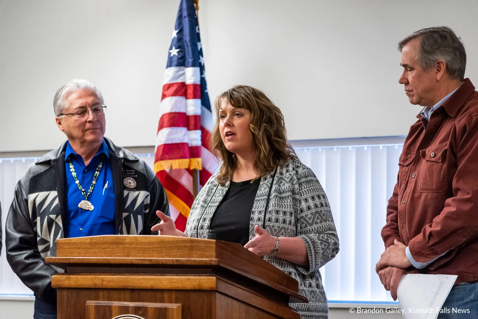 “Stability for our farms, survival of the species and success of our community all hinge on addressing the issues in collaborative, creative ways,” said Tricia Hill. February 23, 2019. (Brandon Gailey / Klamath Falls News)