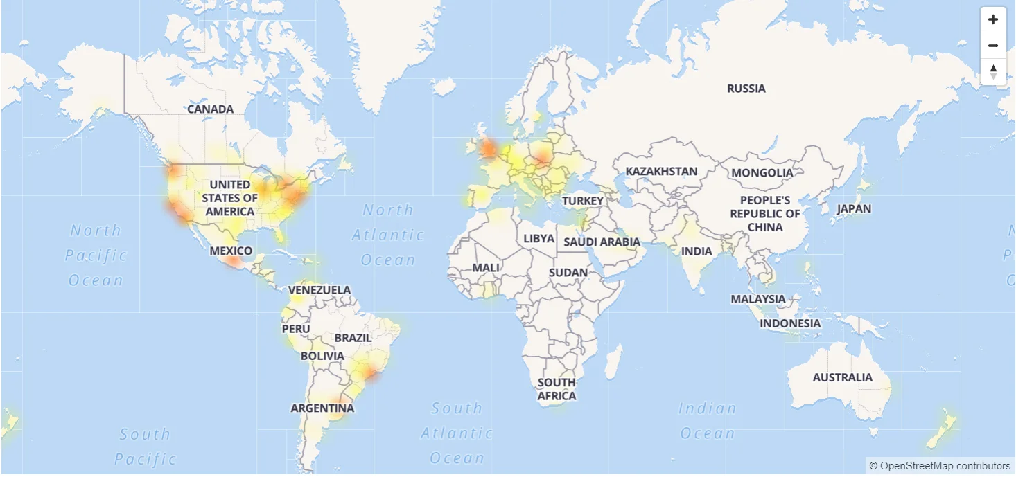 Facebook outage map as of 12:40 PM PDT https://downdetector.com/status/facebook/map/