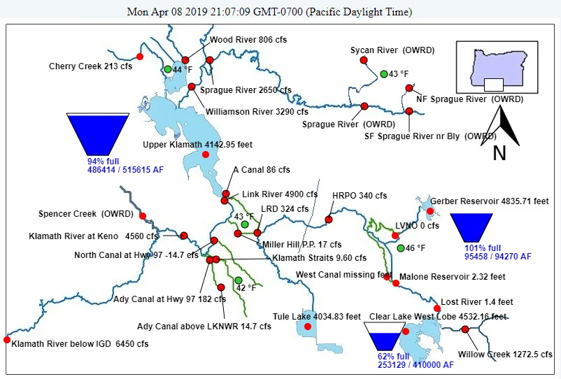 Major storage reservoirs and river flows in the Klamath River Basin. April 8, 2019 (US Bureau of Reclamation, Mid Pacific Region)