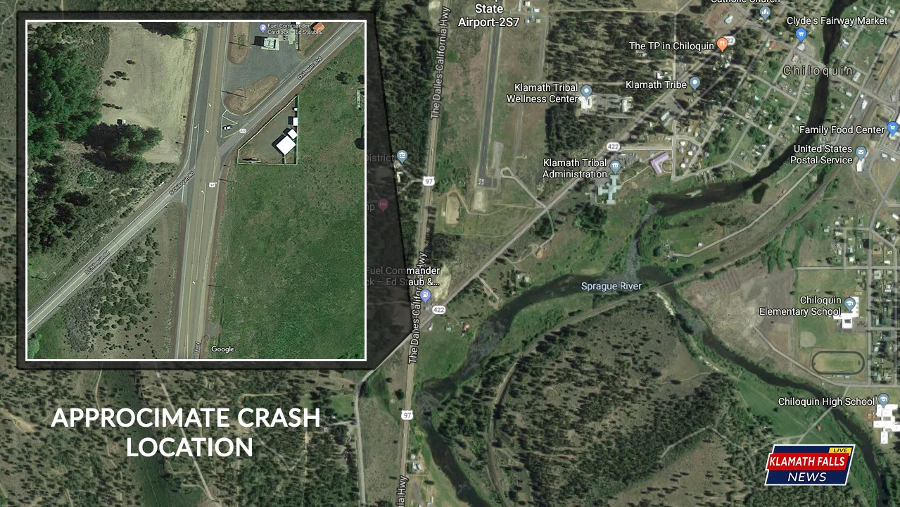 Approximate location of the vehicle vs pedestrian crash happened at the intersection of South Chiloquin Rd / Chiloquin Blvd. and Highway 97. (Google Maps)