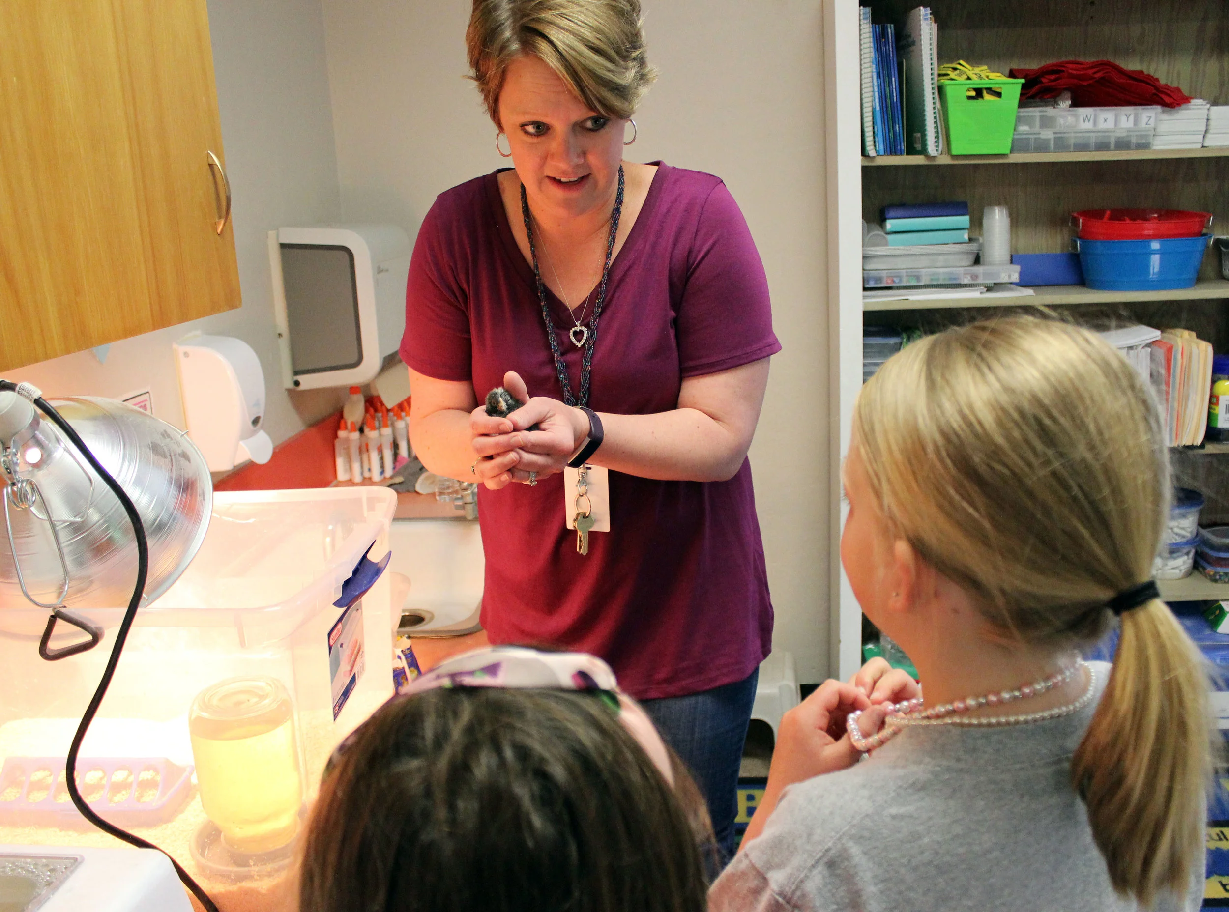 Merrill Elementary School first-grade teacher Laci Teaters talks to Ellen Heaton and Josi Teaters about how to hold one of the chicks that hatched in their classroom.