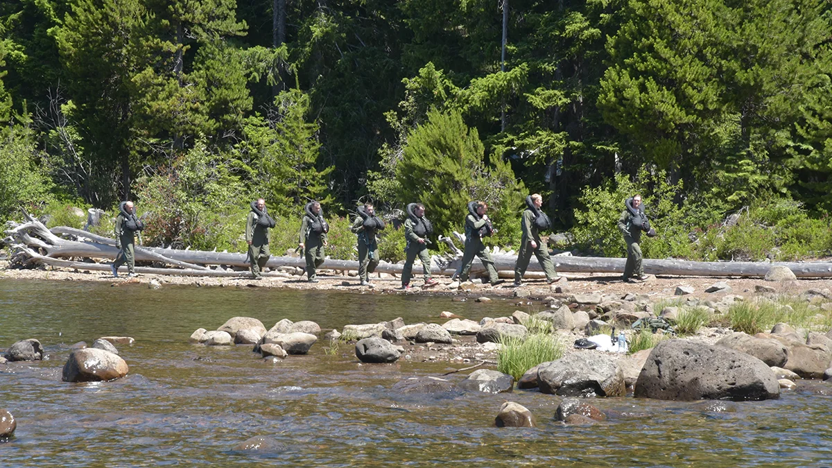 U.S. Air Force F-15C instructor pilots with the 173rd Fighter Wing make their way to a simulated parachute drag during water survival training at Cultus Lake, Oregon, July 25, 2019. The training occurs every three years and is necessary for flying and training the F-15C over water, something these pilots do when using the ranges over the Oregon and California Coast. (U.S. Air National Guard photo by Master Sgt. Jefferson Thompson)