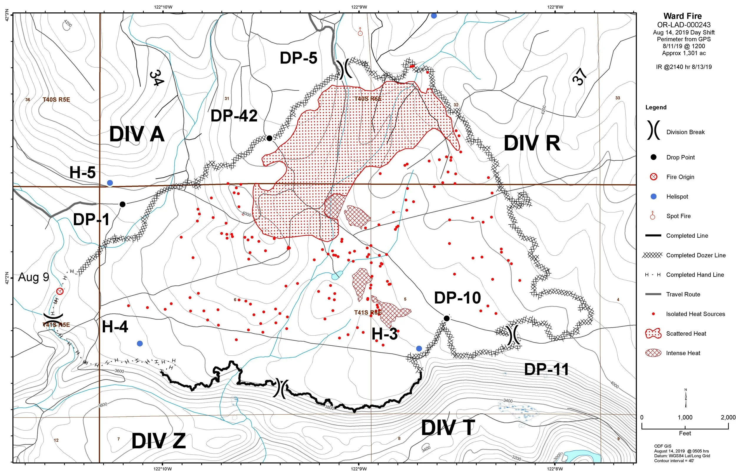 Map of the Ward Fire as of August 14, 2019.