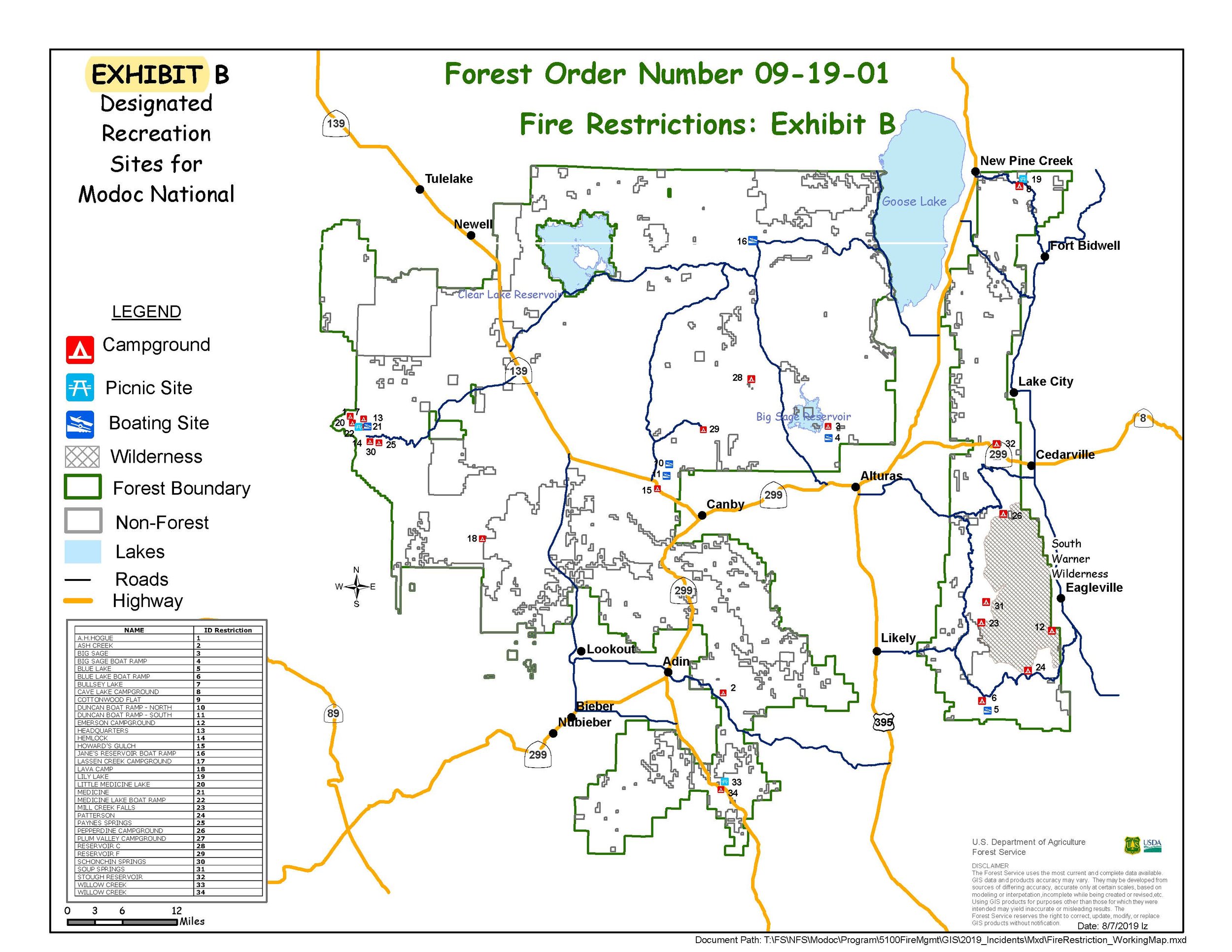 Forest Order No. 09-19-01, Exhibit B - Map of designated recreation sites for Modoc National Forest. (click for larger)