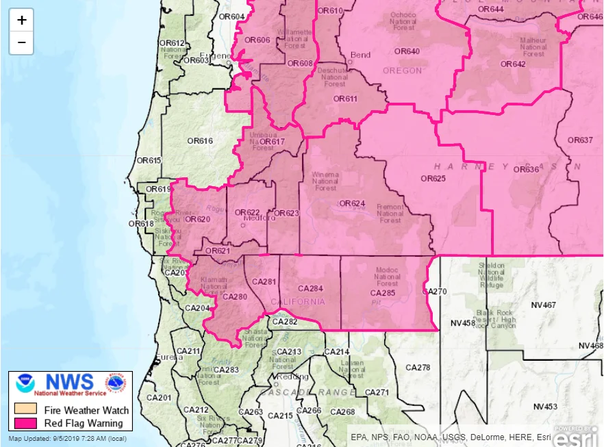 An updated map of the areas with a Red Flag Warning for September 5, 2019.