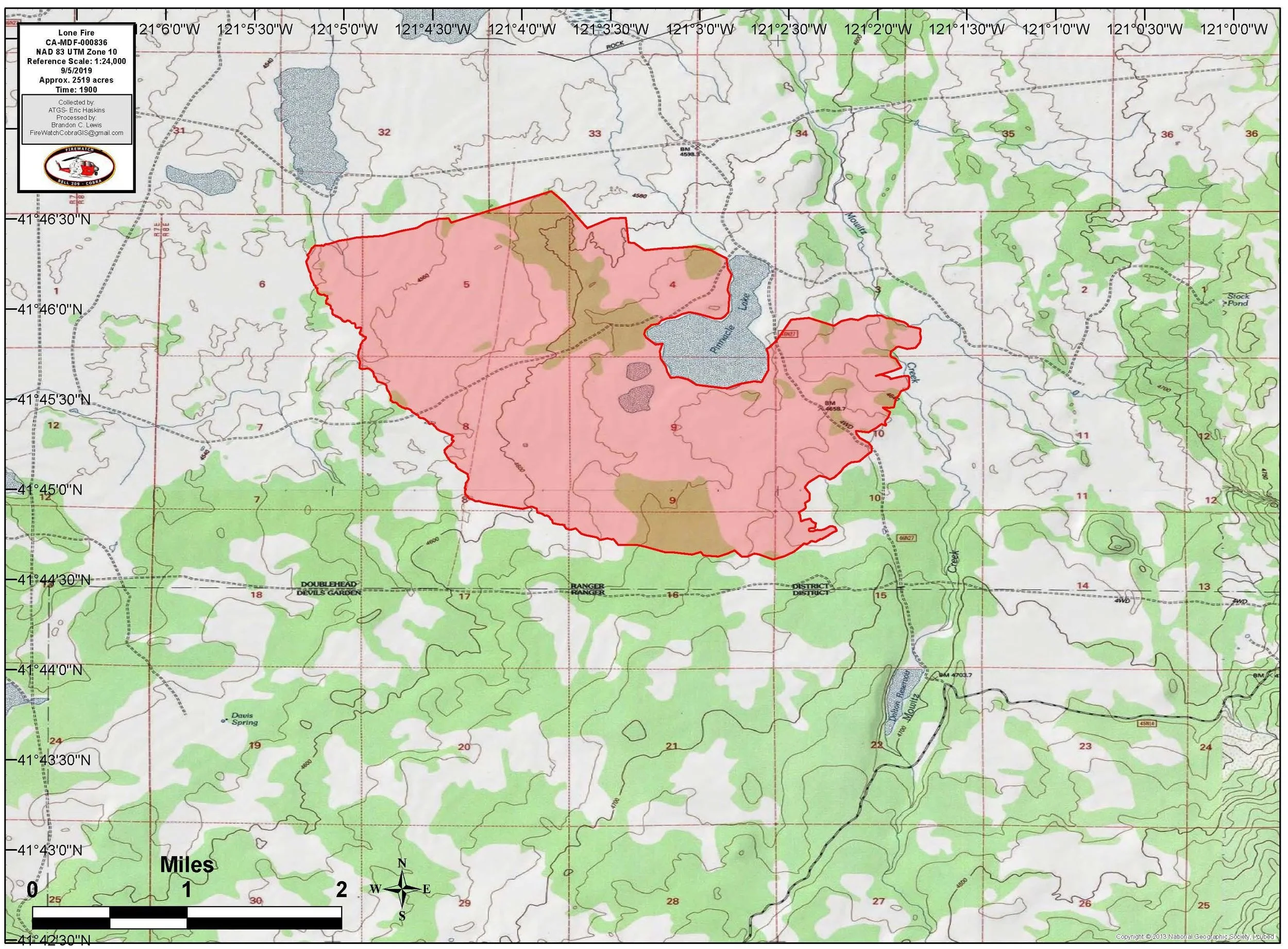 Map of the Lone Fire near Pinnacle Lake. Estimated at 2,592 acres the fire started following a thunderstorm on September 5, 2019. (Inciweb)