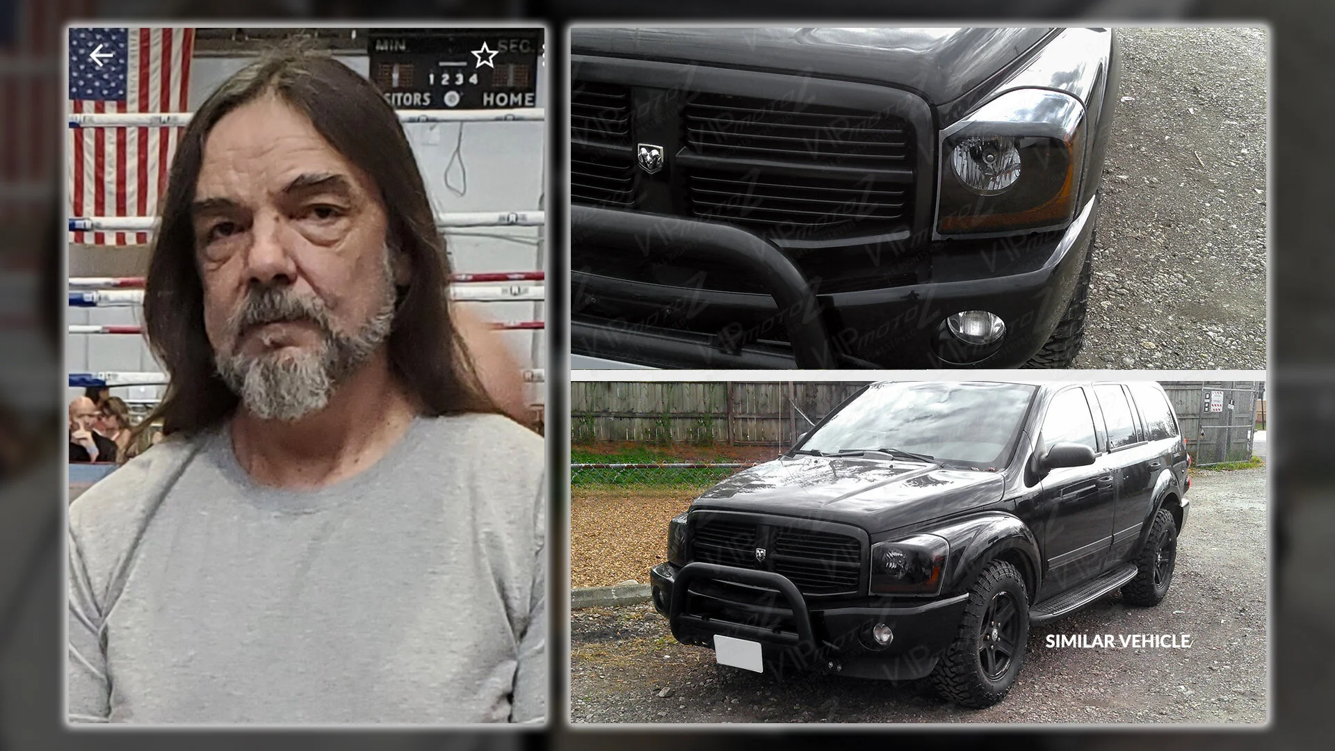 Jackson County Search and Rescue is looking for Donovan Short, 55, a missing hunter, last known to be in the Abbott Creek area north of Prospect, Ore. Left, is a recent photo of Short. Right, is a similar vehicle to what Short was last driving, a black 2005 Dodge Durango with black rims.