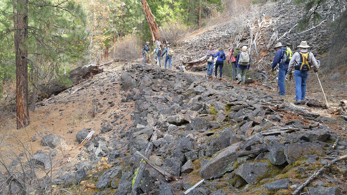 A history hike on Oct. 12 will explore long-abandoned wagon roads in the Klamath River canyon. This photo shows hikers on the same outing offered in November 2018.