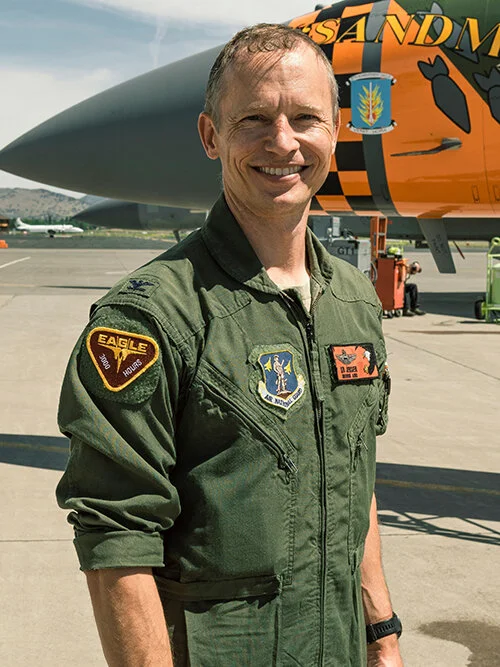 U.S. Air Force Colonel Geoffrey Jensen, 173rd Operations Group commander, shows off his new shoulder patch after landing at Kingsley Field in Klamath Falls, Oregon, June 24, 2020. On this flight, Jensen accomplished 3,000 flight hours in the Eagle, joining a select group of “Eagle Drivers”. (U.S. Air National Guard photo by Senior Airman Adam Smith)