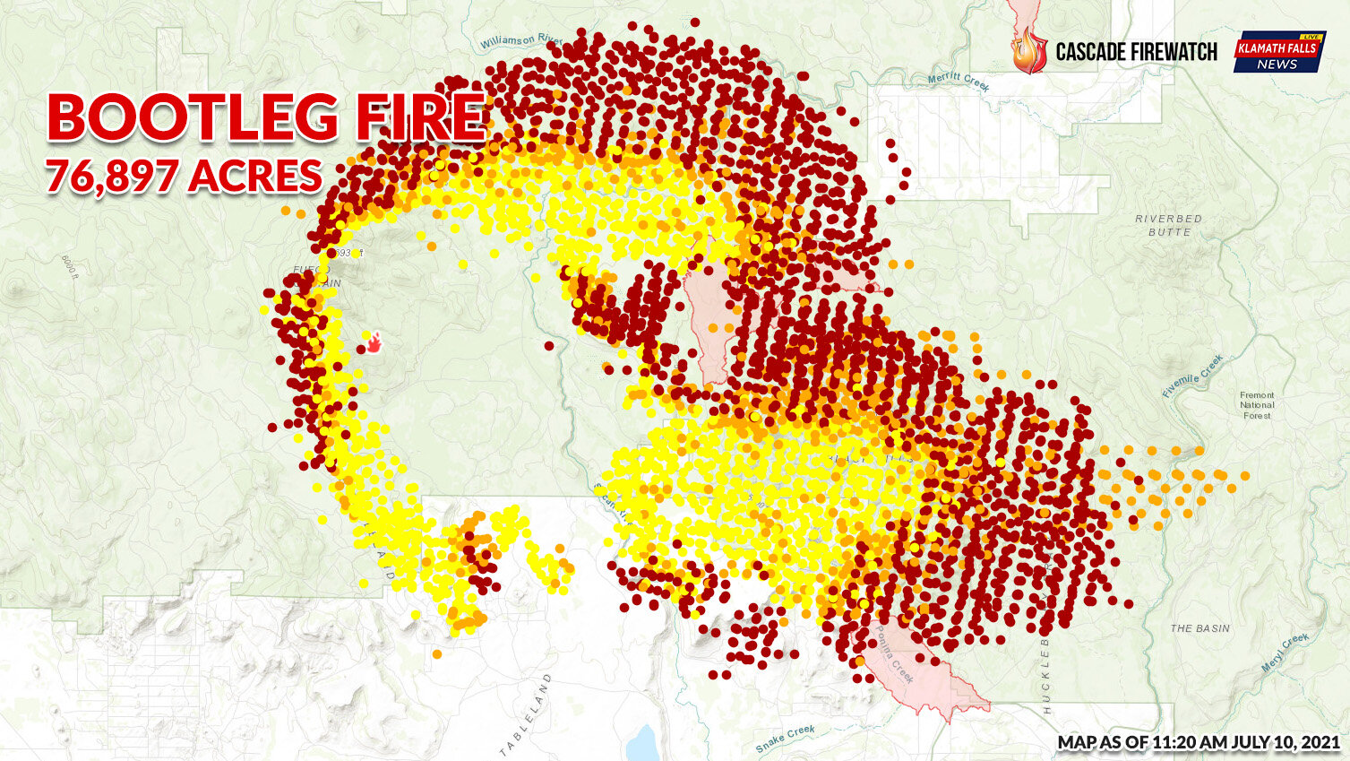 Map of the #BootlegFire. Additional fire maps available at https://www.klamathfallsnews.org/maps