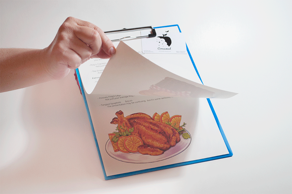 illustrated menu and lasercut clipboard