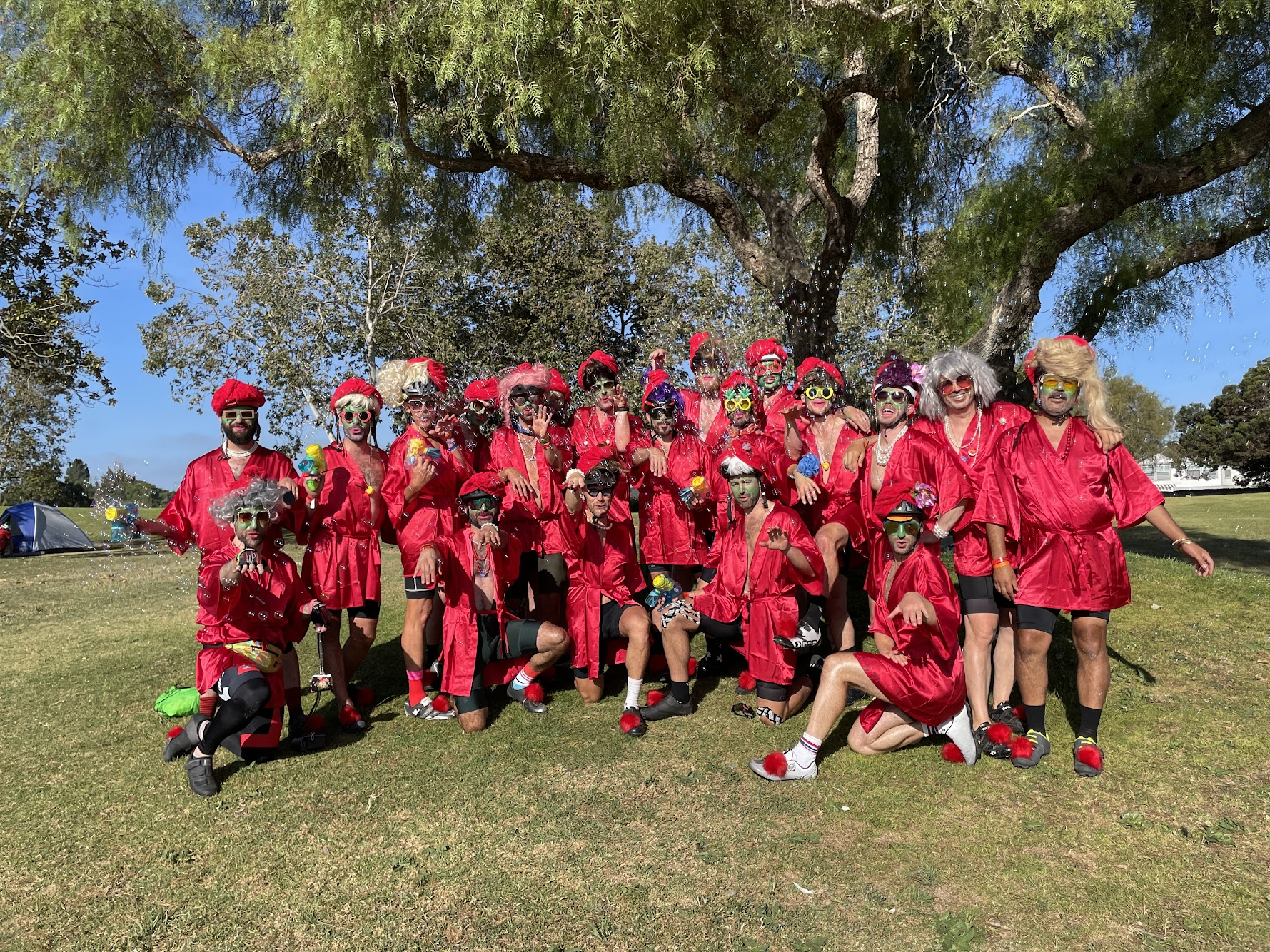 All the carols dressed in red bathrobes