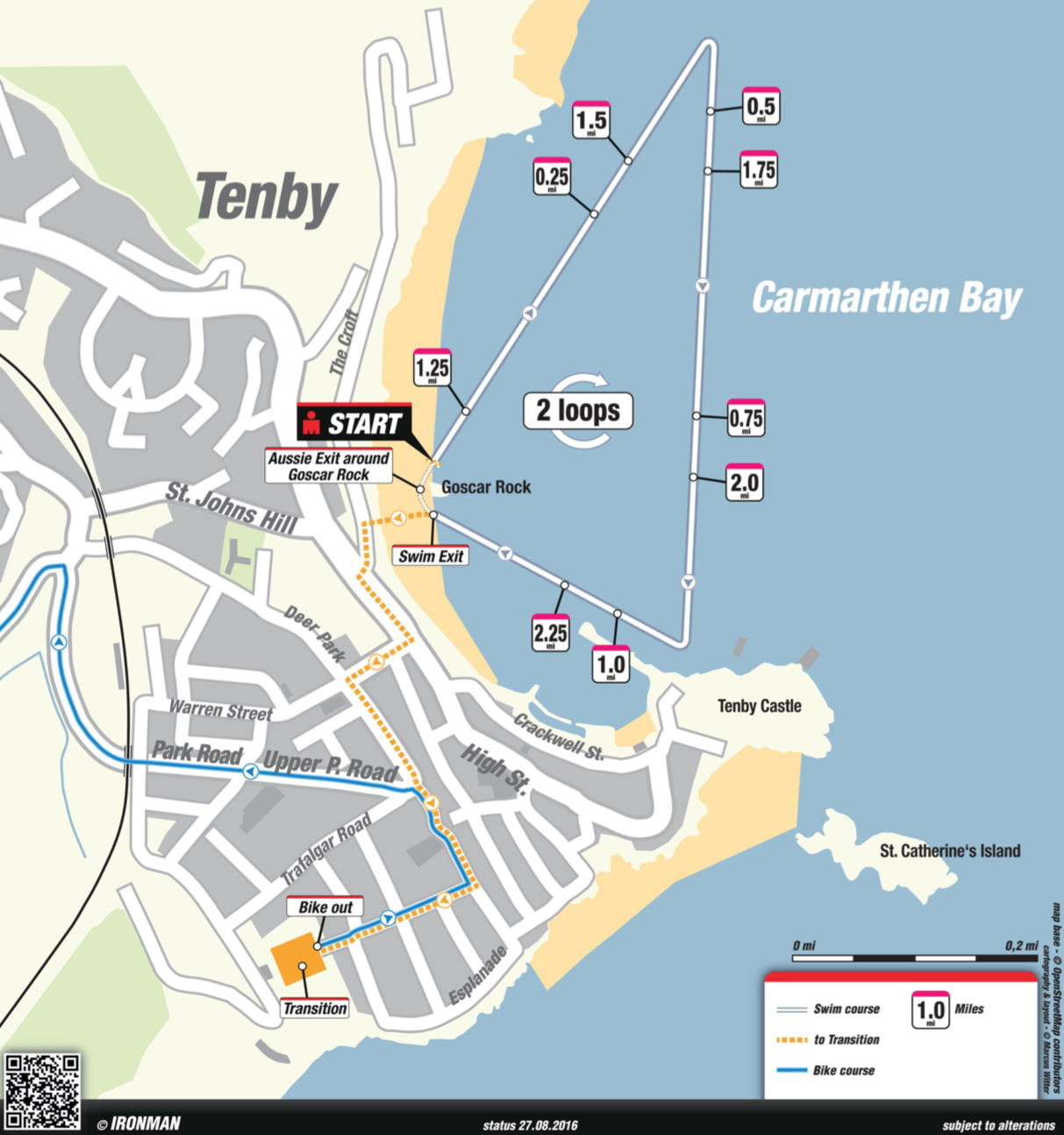 That little yellow dotted line represents running up the steps from the beach and across town in your wetsuit to your bike...