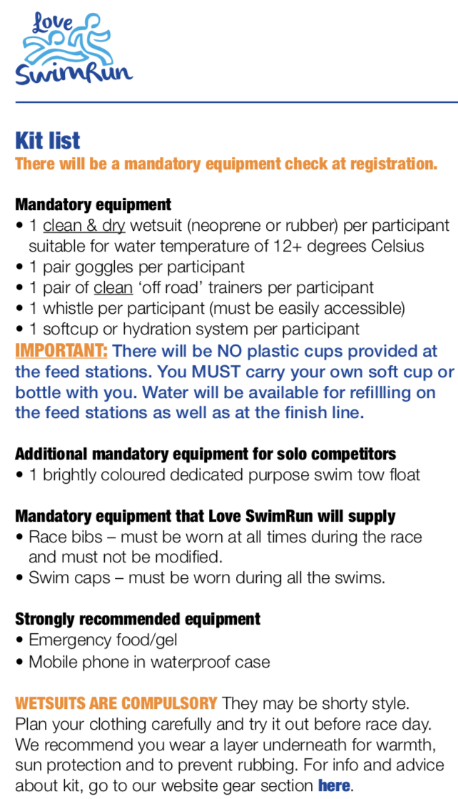 Kit list from the organisers of SwimRun Holy Island