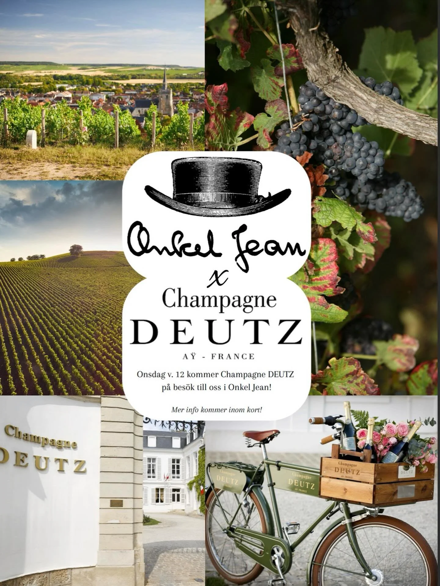DEUTZ x ONKEL JEAN!

Champagnehuset Deutz g&auml;star oss! 🥂

Onsdag 18/3 v.12 f&aring;r vi fint bes&ouml;k av det anrika champagnehuset Deutz fr&aring;n A&yuml; i Champagne. Vi &ouml;ppnar upp n&aring;gra riktigt h&auml;rliga cuv&eacute;er &ndash; 